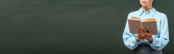 обрезанный вид учителя чтение книги, стоя рядом с доской, заголовок сайта