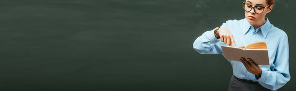 горизонтальное изображение внимательного учителя в очках, указывающего на открытую книгу, стоя возле доски  