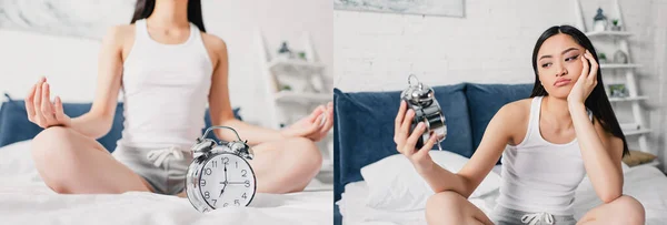 Collage Asian Woman Meditating Holding Alarm Clock Bed Morning — Stock Photo, Image