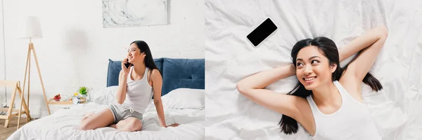Collage Smiling Asian Woman Talking Smartphone Lying Bed Morning — Stock Photo, Image