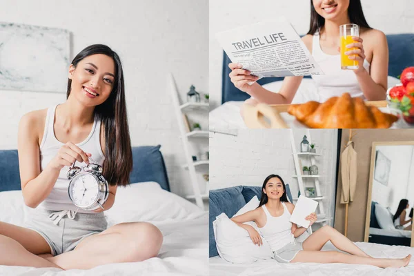Collage of smiling asian girl holding alarm clock, digital tablet and reading newspaper during breakfast on bed