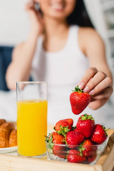 Selective Focus Woman Taking Fresh Strawberry Glass Orange Juice Croissant — Stock Photo, Image