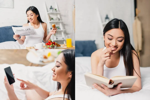 Collage Smiling Asian Woman Reading Newspaper Book Using Smartphone Eating — Stock Photo, Image