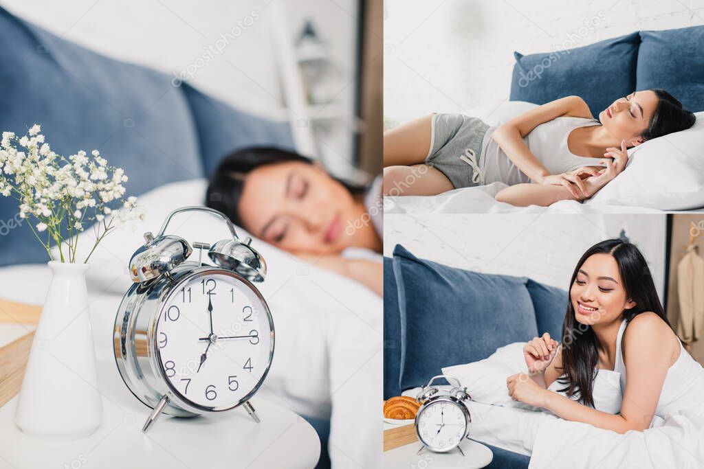 Collage of alarm clock on bedside table and smiling asian woman on bed 