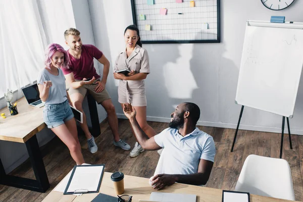 High Angle View African American Businessman Pointing Hand Multiethnic Colleagues — Stock Photo, Image