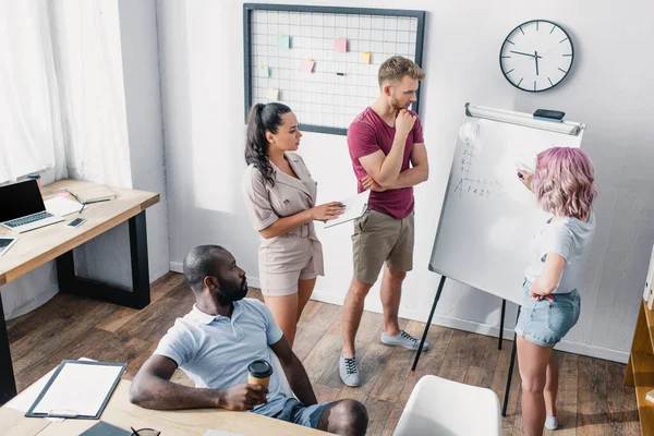 Hohe Blickwinkel Auf Multiethnische Geschäftsleute Die Büro Mit Whiteboard Arbeiten — Stockfoto