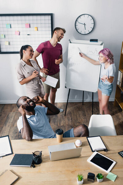 High angle view of businesswoman pointing at whiteboard near multicultural business people in office 