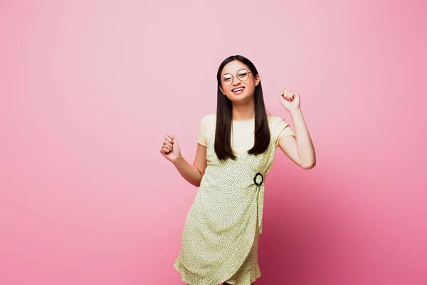 Cheerful Young Asian Woman Glasses Laughing Pink — Stock Photo, Image