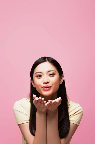 Young Asian Woman Sending Air Kiss Looking Camera Isolated Pink — Stock Photo, Image