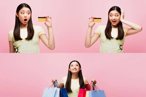 collage of emotional young asian woman holding credit cards and shopping bags isolated on pink
