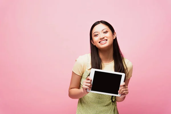 Cheerful Asian Girl Holding Digital Tablet Blank Screen Isolated Pink — Stock Photo, Image