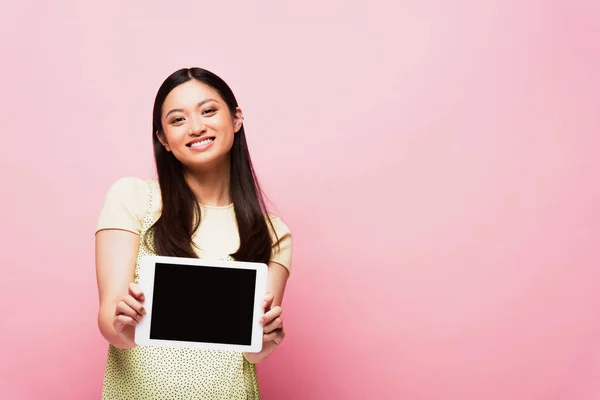 Cheerful Asian Woman Holding Digital Tablet Blank Screen Pink — Stock Photo, Image