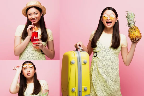 Collage Happy Asian Girl Holding Baggage Fresh Pineapple Cocktail Looking — Stock Photo, Image