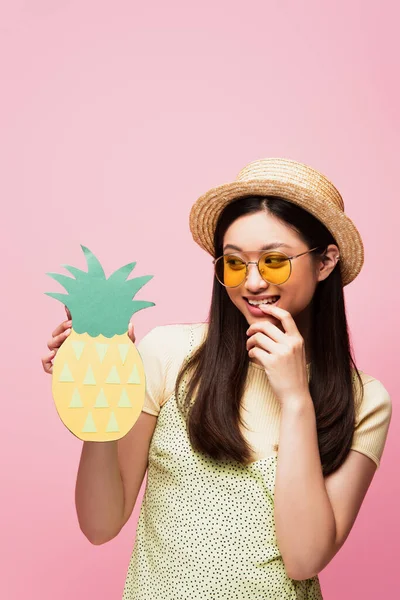 Happy Asian Girl Sunglasses Straw Hat Looking Paper Pineapple Isolated — Stock Photo, Image