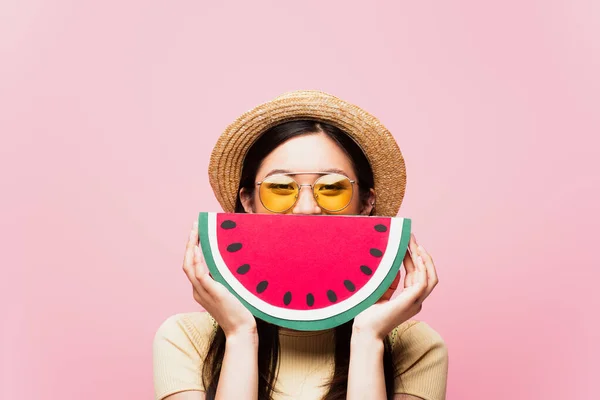 Asian Girl Sunglasses Straw Hat Covering Face Paper Watermelon Isolated — Stock Photo, Image