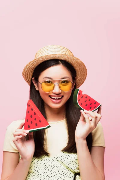 Positive Asian Girl Sunglasses Straw Hat Holding Sliced Paper Watermelon — Stock Photo, Image