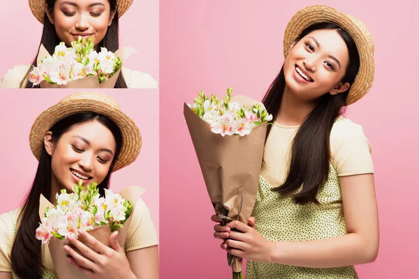 Collage Positive Asian Girl Straw Hat Holding Smelling Flowers Isolated — Stock Photo, Image