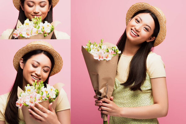 collage of positive asian girl in straw hat holding and smelling flowers isolated on pink 