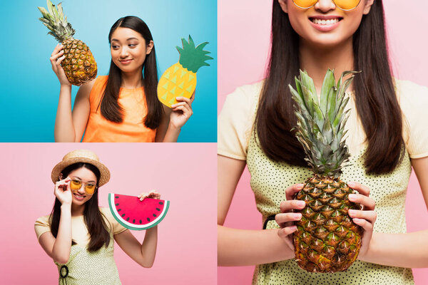 collage of happy asian girl touching sunglasses, holding carton watermelon and ripe pineapples on blue and pink 