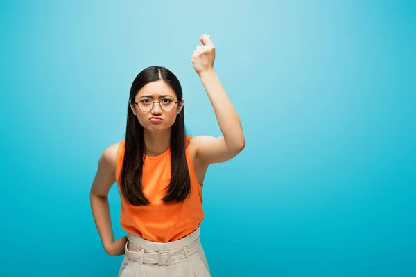 Frustrated Asian Girl Glasses Showing Clenched Fist Blue — Stock Photo, Image