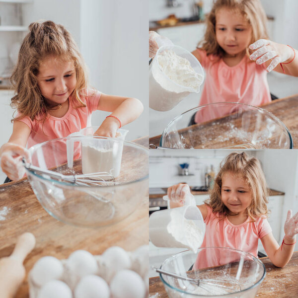 collage of blonde child pouring flour into glass bowl near whisk and chicken eggs