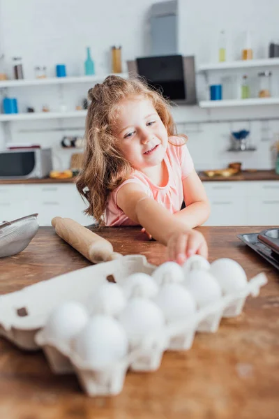 Selective Focus Blonde Girl Taking Chicken Egg Rolling Pin Kitchen — Stock Photo, Image