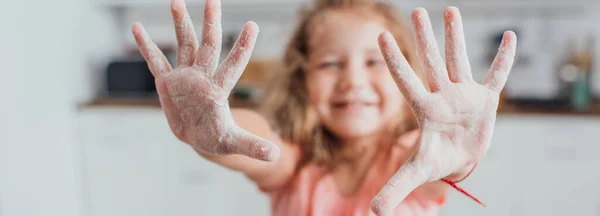 Selective Focus Child Showing Outstretched Hands Flour Panoramic Concept — Stock Photo, Image