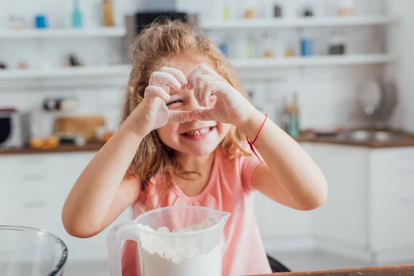Blonde Girl Showing Heart Sign Hands Measuring Jug Flour — Stock Photo, Image