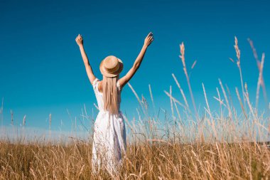 Beyaz elbiseli, hasır şapkalı, çimenli çayırlarda mavi gökyüzüne karşı duran şık bir kadının arka planı.