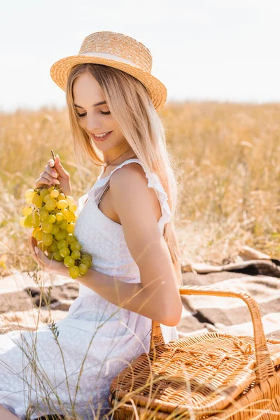 穿着草帽和白衣的性感女人拿着一束成熟的葡萄靠近柳条筐 — 图库照片
