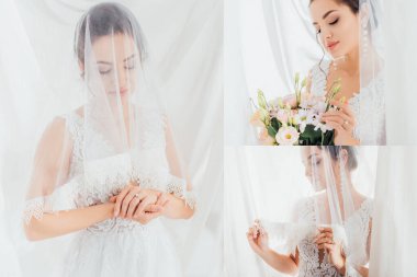 Gelinin kolajı beyaz perdelerin yanındaki duvak ve bukete dokunuyor. 