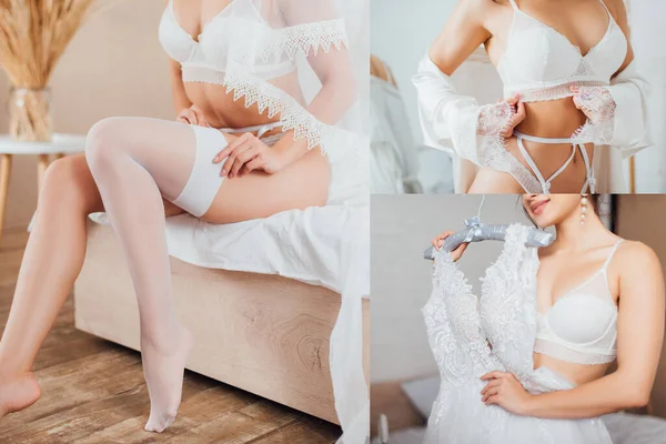 セクシー花嫁のコラージュでランジェリー保持ウェディングドレスと置く上のストッキング上のベッド — ストック写真
