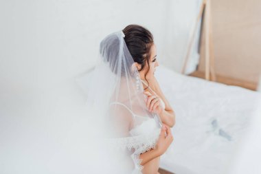 Selective focus of young bride in lace bra touching veil in bedroom at home  clipart