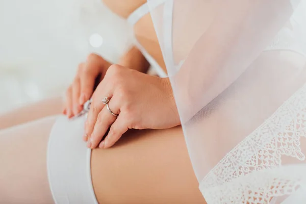 Cropped View Bride Panties Lace Veil Wearing Stocking Home — Stock Photo, Image