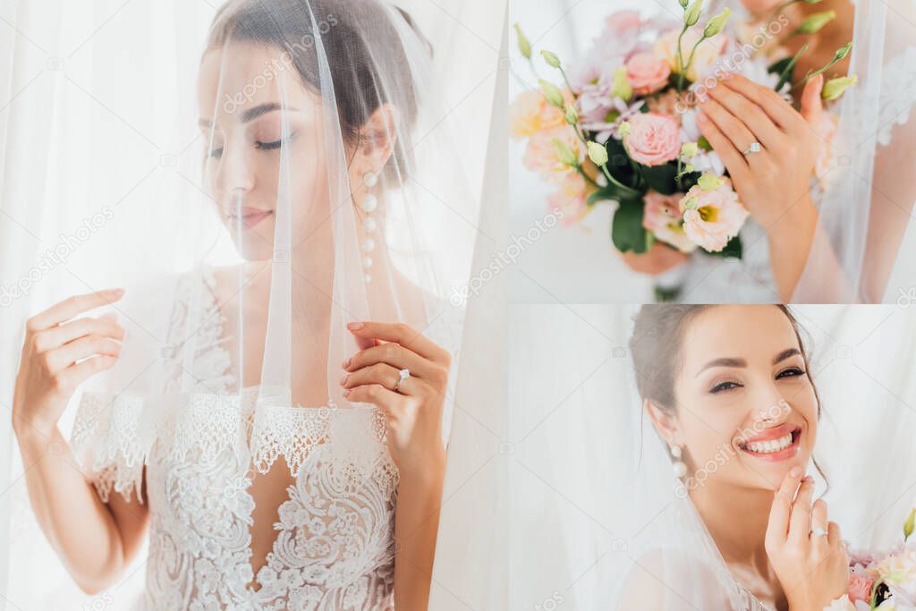 Collage of young brunette bride touching veil, holding bouquet and looking at camera near curtains