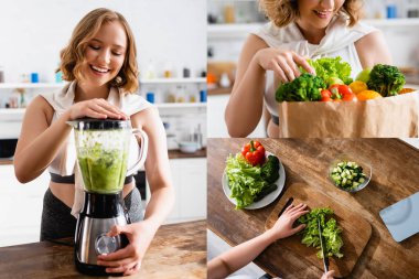 Marul kesen, sebzelere dokunan ve blender 'da smoothie yapan kadın kolajı. 
