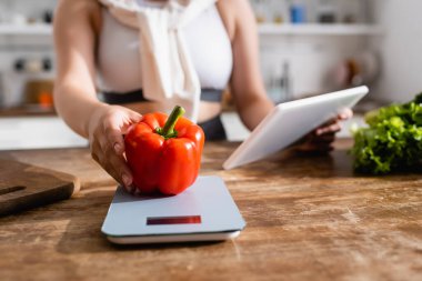 Çan biberine dokunan ve mutfakta dijital tablet tutan bir kadın görüntüsü. 