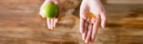 Panoramic Crop Woman Holding Apple Food Additives Capsules — Stock Photo, Image