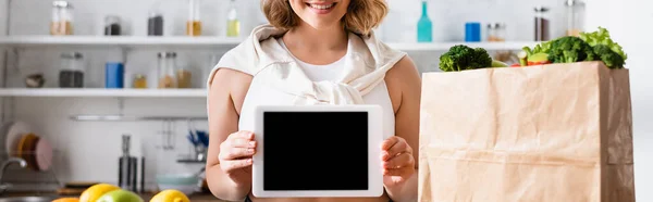 Panoramic Crop Woman Holding Digital Tablet Blank Screen Paper Bag — Stock Photo, Image