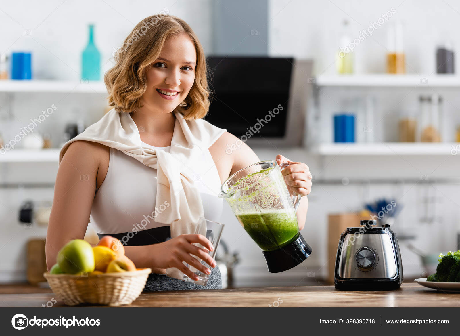 Selective Focus Young Woman Blender Mixed Smoothie Glass Photo by ©HayDmitriy 398390718