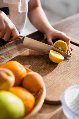 Meyve suyu ve meyve sıkacağının yanında taze limon kesen kadın manzarası.