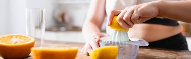 panoramic crop of woman holding half of orange near juicer clipart