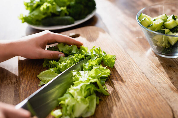 selective focus of woman cutting green lettuce on chopping board near sliced cucumber in bowl  