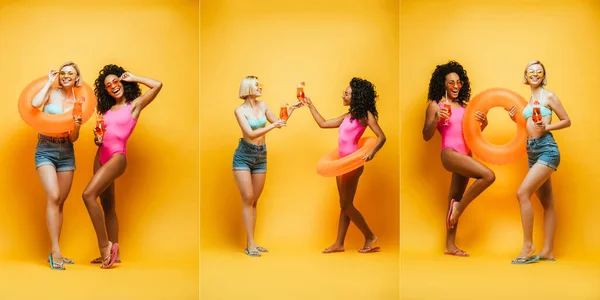 Collage Young Interracial Women Summer Outfit Posing Inflatable Ring Cocktails — Stock Photo, Image