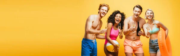 Horizontal Image Excited Multicultural Friends Holding Inflatable Ball Swim Ring — Stock Photo, Image