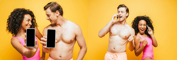 коллаж межрасовой пары, показывающий смартфоны с чистым экраном и говорящий изолированный на желтом, горизонтальном изображении