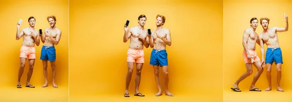 Collage Two Shirtless Friends Showing Smartphones Gesturing Looking Camera Yellow — Stock Photo, Image