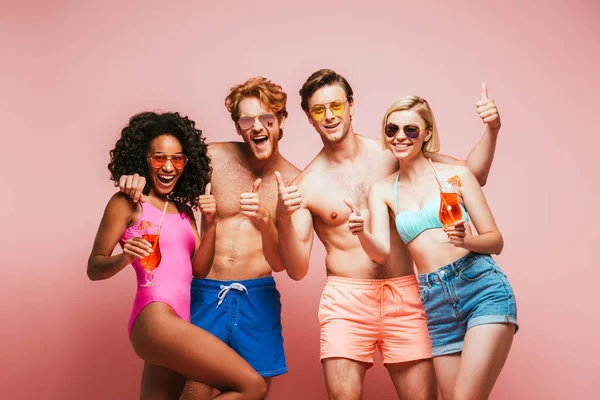 Excited Multicultural Friends Showing Thumbs While Holding Cocktail Glasses Looking — Stock Photo, Image