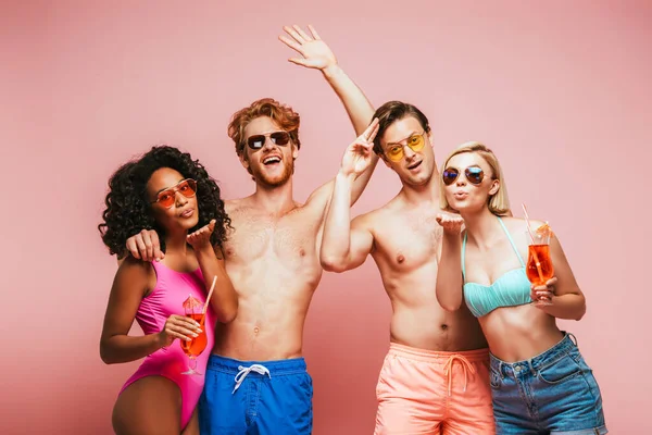 Shirtless Men Waving Hands Young Multicultural Women Blowing Air Kisses — Stock Photo, Image