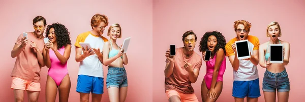 Colagem Amigos Multiculturais Roupas Verão Usando Mostrando Gadgets Isolados Rosa — Fotografia de Stock